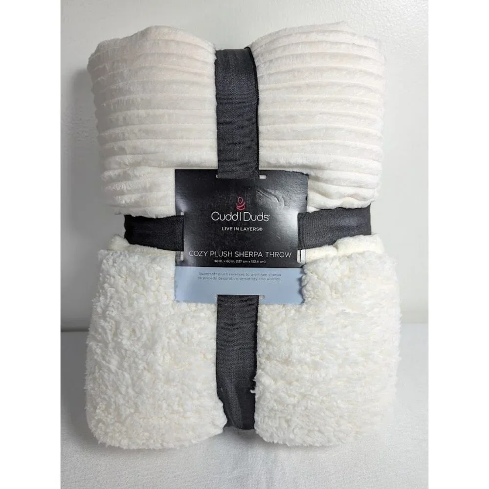 Cuddl Duds Sherpa Throw Blanket 50x60 White Ribbed Plush Christmas Cozy Soft NEW